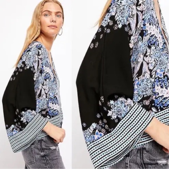 Free People Mix & Match Cropped Oversize Blouse XS Blue Prints - Picture 3 of 8